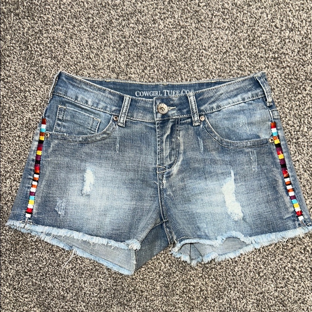 Cowgirl Tuff Blue Denim Shorts with Colorful Beads